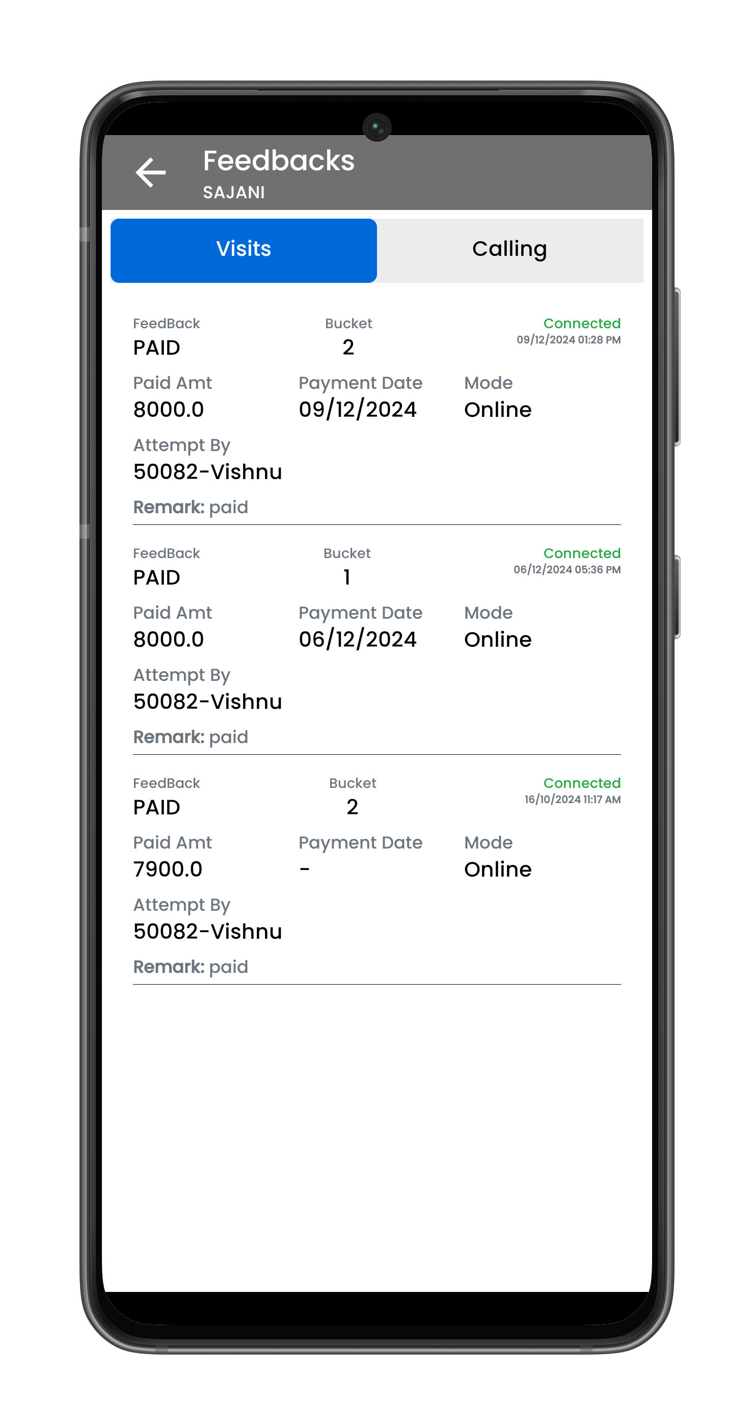 displays a history of last visits so that agent can prepare accordingly